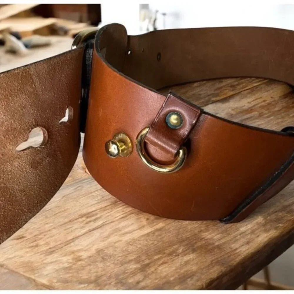 Karl Lagerfeld Vintage Wide Brown Leather Belt With Gold Fan 28-32”